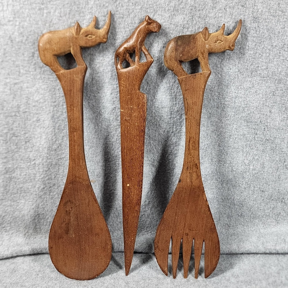 Vintage‎ Hand Carved Kenya Wooden Salad Serving Set Rhino Leopard Safari Animals